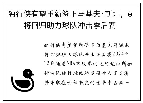 独行侠有望重新签下马基夫·斯坦，老将回归助力球队冲击季后赛