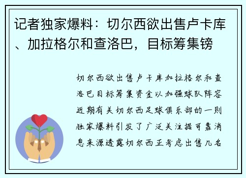 记者独家爆料：切尔西欲出售卢卡库、加拉格尔和查洛巴，目标筹集镑