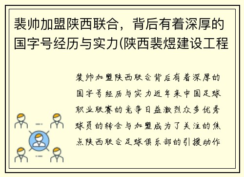 裴帅加盟陕西联合，背后有着深厚的国字号经历与实力(陕西裴煜建设工程有限公司)