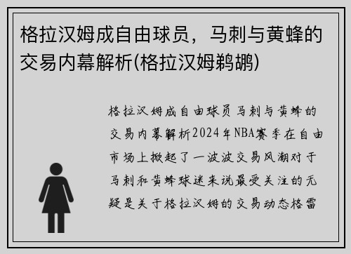 格拉汉姆成自由球员，马刺与黄蜂的交易内幕解析(格拉汉姆鹈鹕)