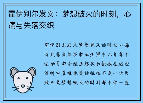 霍伊别尔发文：梦想破灭的时刻，心痛与失落交织